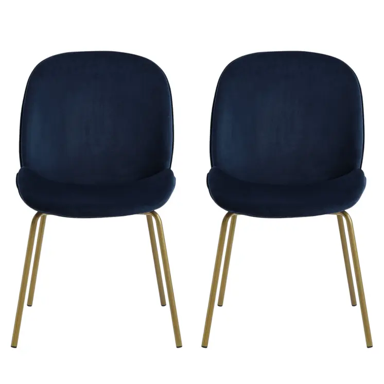 Set of Two Navy Blue And Gold Upholstered Velvet Dining Side Chairs
