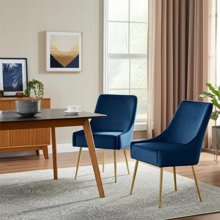 Set of Two Navy Blue And Gold Upholstered Velvet Dining Side Chairs