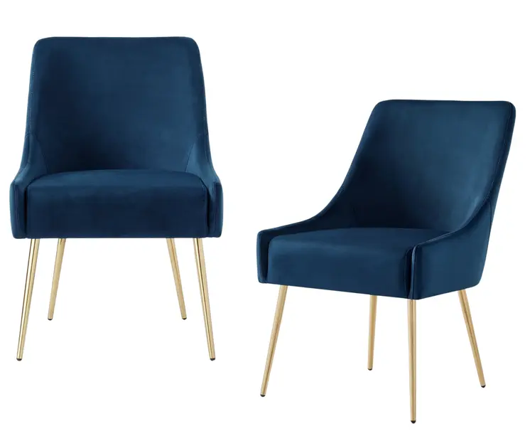 Set of Two Navy Blue And Gold Upholstered Velvet Dining Side Chairs