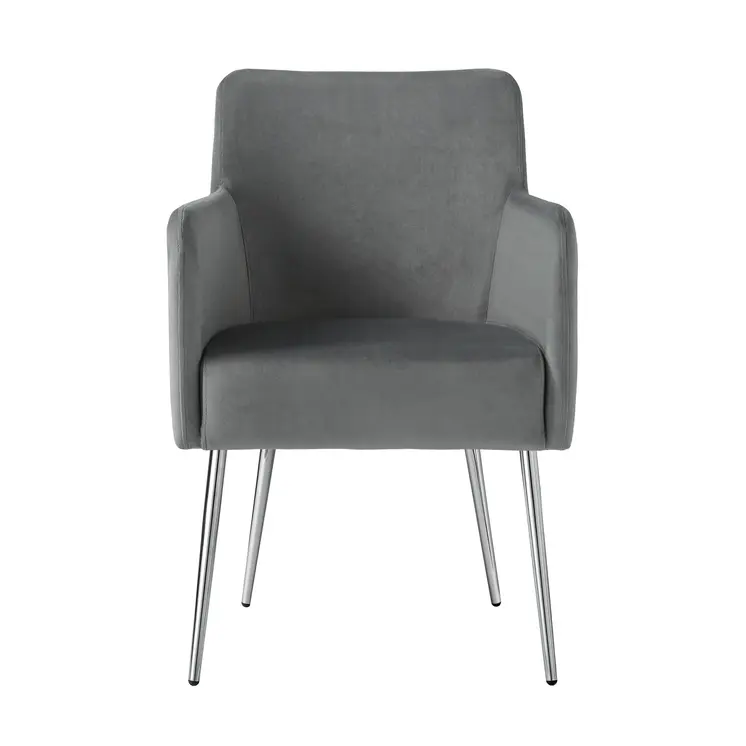 Set of Two Light Gray And Silver Upholstered Velvet Dining Arm Chairs