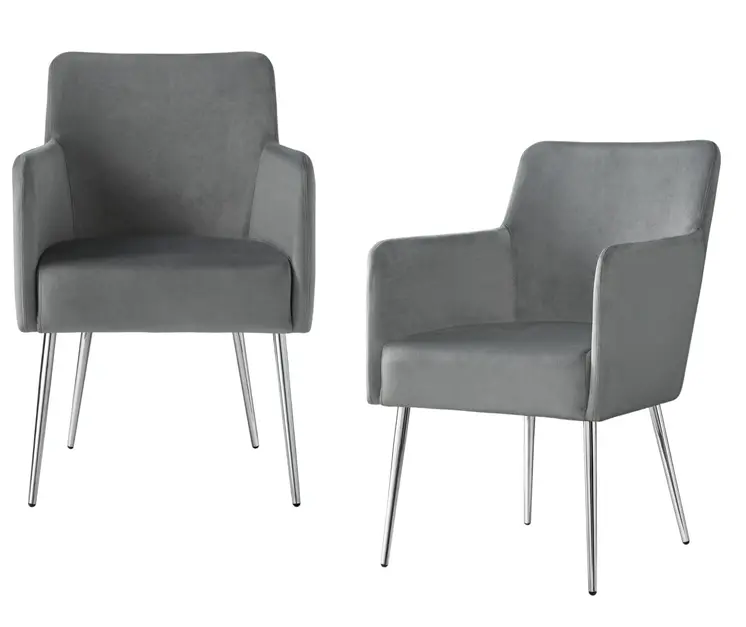 Set of Two Light Gray And Silver Upholstered Velvet Dining Arm Chairs
