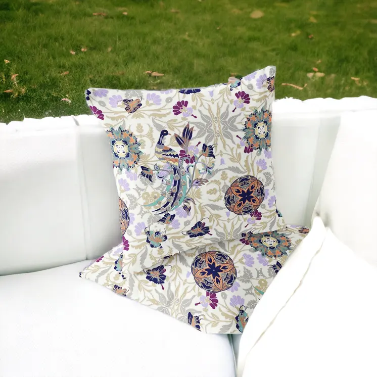 Set of Two 16" X 16" Purple and White Peacock Blown Seam Eclectic Indoor Outdoor Throw Pillow