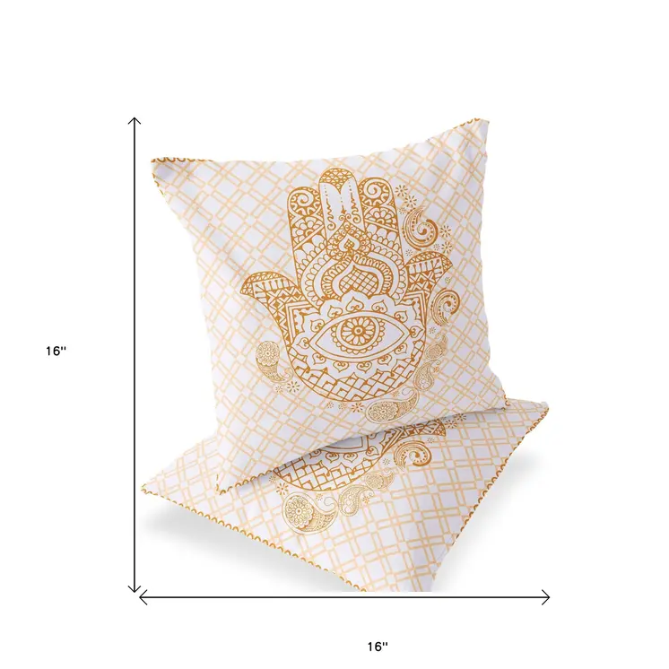 Set of Two 16" X 16" Gold and White Blown Seam Hamsa Indoor Outdoor Throw Pillow