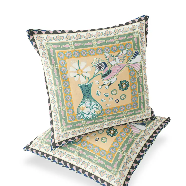 Set of Two 16" X 16" Beige and Green Peacock Blown Seam Floral Indoor Outdoor Throw Pillow
