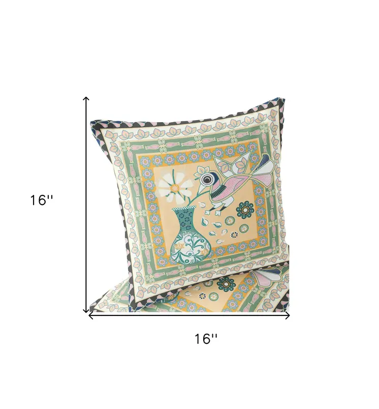 Set of Two 16" X 16" Beige and Green Peacock Blown Seam Floral Indoor Outdoor Throw Pillow
