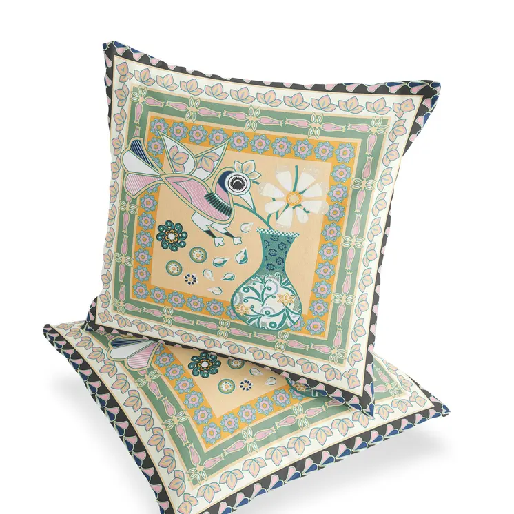 Set of Two 16" X 16" Beige and Green Peacock Blown Seam Floral Indoor Outdoor Throw Pillow