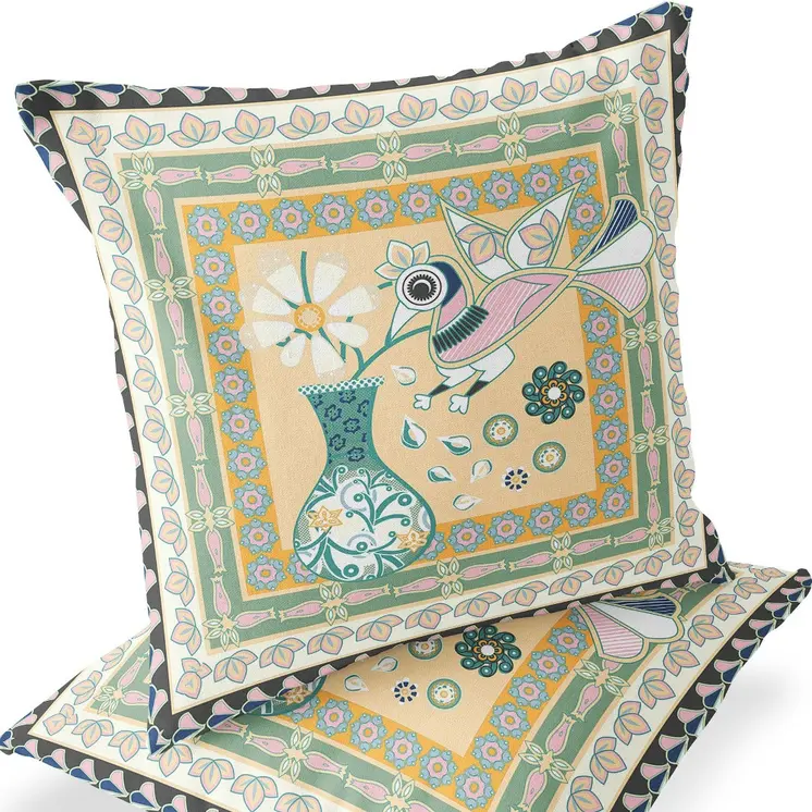Set of Two 16" X 16" Beige and Green Peacock Blown Seam Floral Indoor Outdoor Throw Pillow