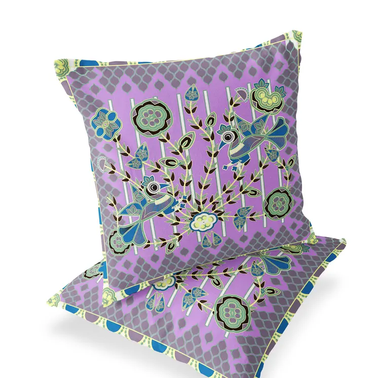 Set of Two 16" X 16" Green and Yellow Peacock Blown Seam Floral Indoor Outdoor Throw Pillow