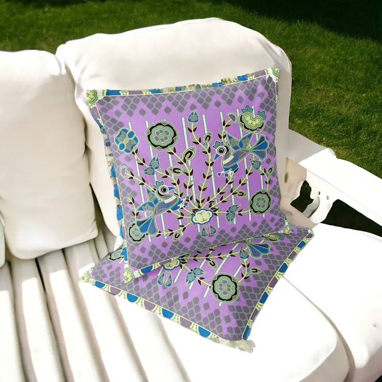 Set of Two 16" X 16" Green and Yellow Peacock Blown Seam Floral Indoor Outdoor Throw Pillow