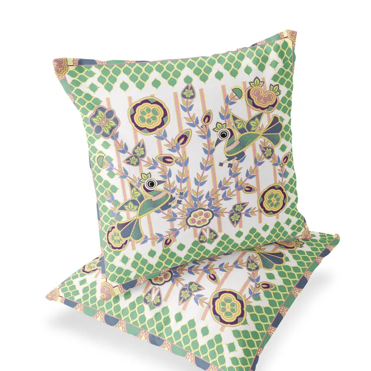 Set of Two 16" X 16" Green and White Peacock Blown Seam Floral Indoor Outdoor Throw Pillow