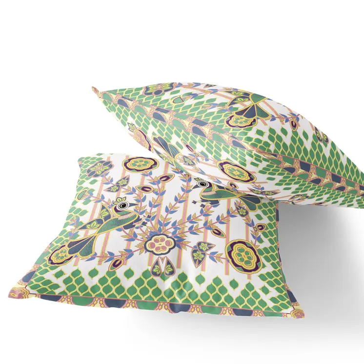 Set of Two 16" X 16" Green and White Peacock Blown Seam Floral Indoor Outdoor Throw Pillow