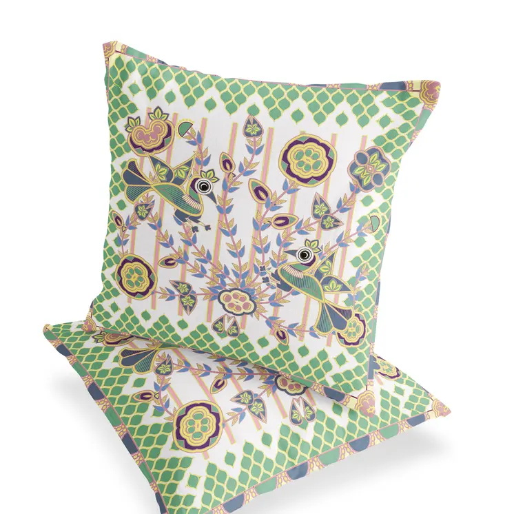 Set of Two 16" X 16" Green and White Peacock Blown Seam Floral Indoor Outdoor Throw Pillow