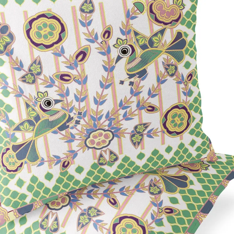 Set of Two 16" X 16" Green and White Peacock Blown Seam Floral Indoor Outdoor Throw Pillow