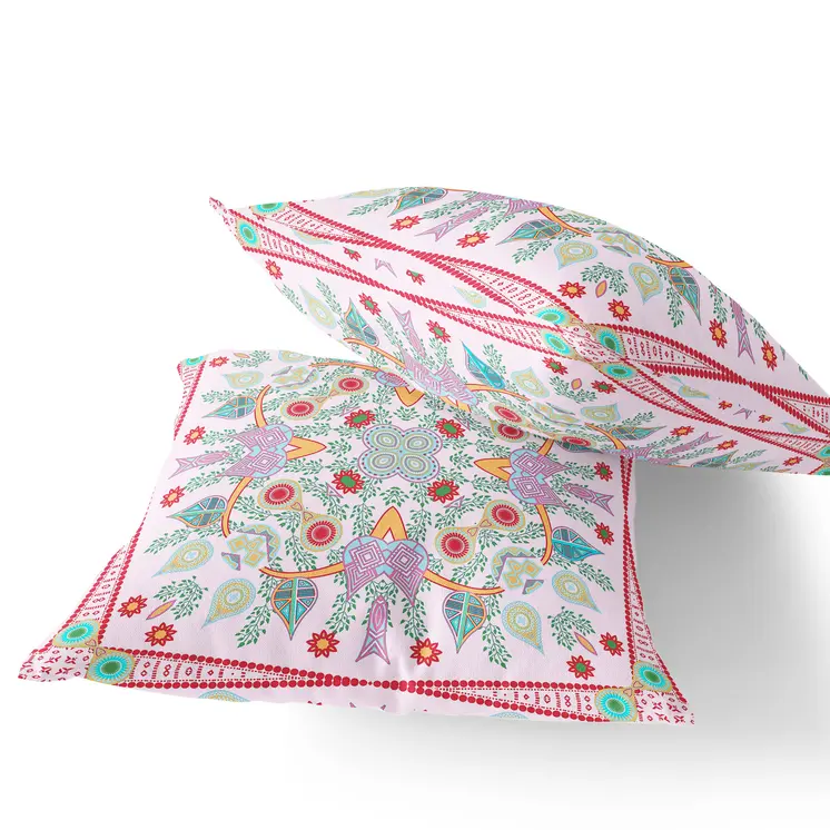 Set of Two 16" X 16" Red and Pink Blown Seam Paisley Indoor Outdoor Throw Pillow