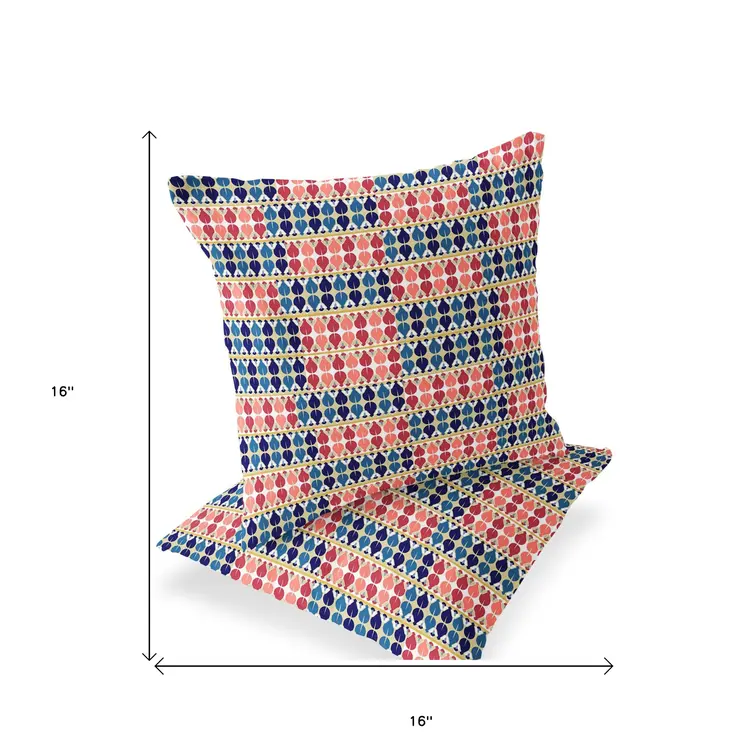 Set of Two 16" X 16" Blue and Yellow Striped Indoor Outdoor Throw Pillows