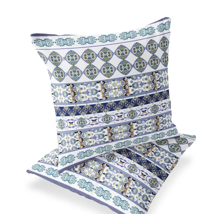 Set of Two 16" X 16" Blue and White Striped Indoor Outdoor Throw Pillow