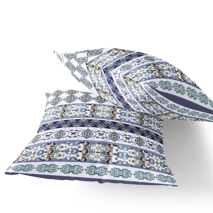 Set of Two 16" X 16" Blue and White Striped Indoor Outdoor Throw Pillow