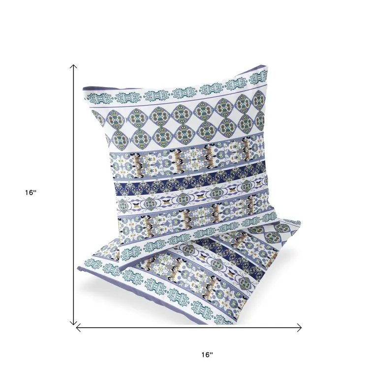 Set of Two 16" X 16" Blue and White Striped Indoor Outdoor Throw Pillow