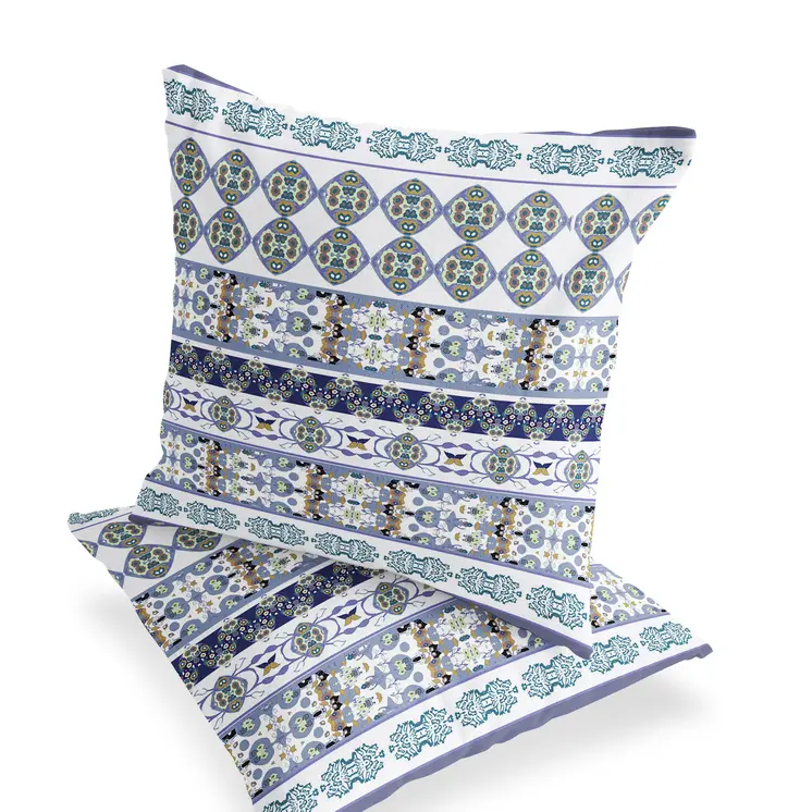 Set of Two 16" X 16" Blue and White Striped Indoor Outdoor Throw Pillow