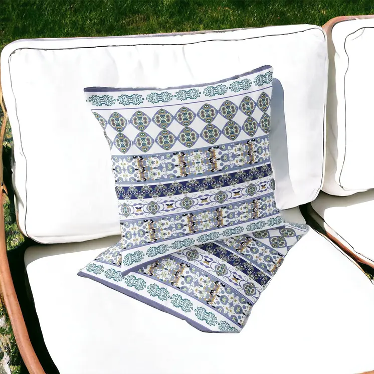 Set of Two 16" X 16" Blue and White Striped Indoor Outdoor Throw Pillow