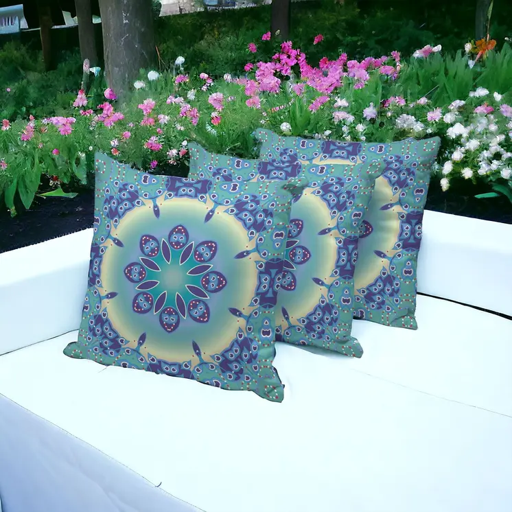 Set of Three Blue and Purple Abstract Indoor Outdoor Throw Pillow