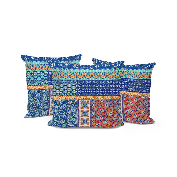Set of Three 16" X 16" Blue and Orange Botanical Indoor Outdoor Throw Pillow