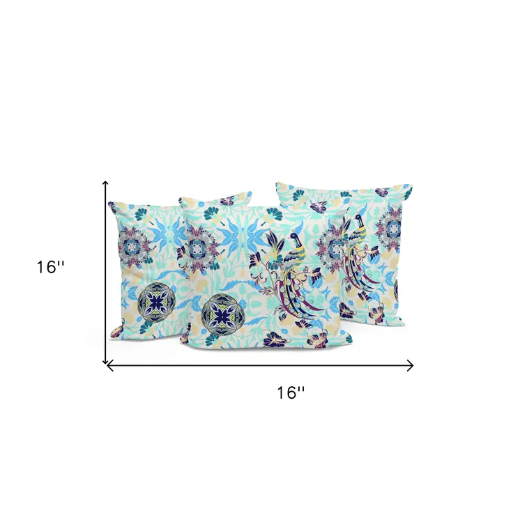 Set of Three 16" X 16" Blue and White Peacock Blown Seam Eclectic Indoor Outdoor Throw Pillow