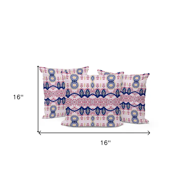 Set of Three 16" X 16" Blue and White Blown Seam Paisley Indoor Outdoor Throw Pillow