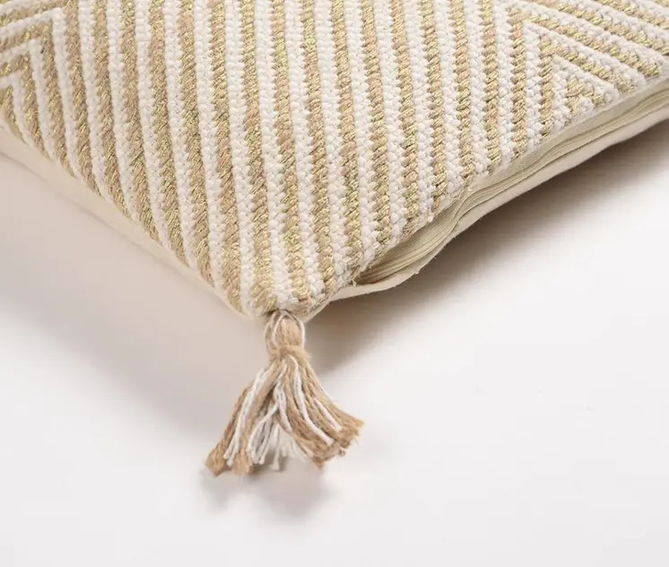18" Beige and White Geometric Cotton Blend Throw Pillow Cover With Tassels