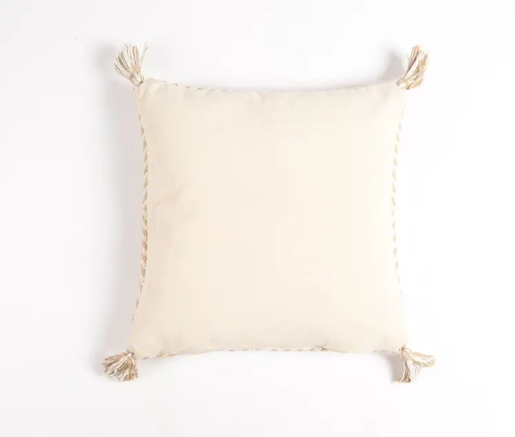 18" Beige and White Geometric Cotton Blend Throw Pillow Cover With Tassels