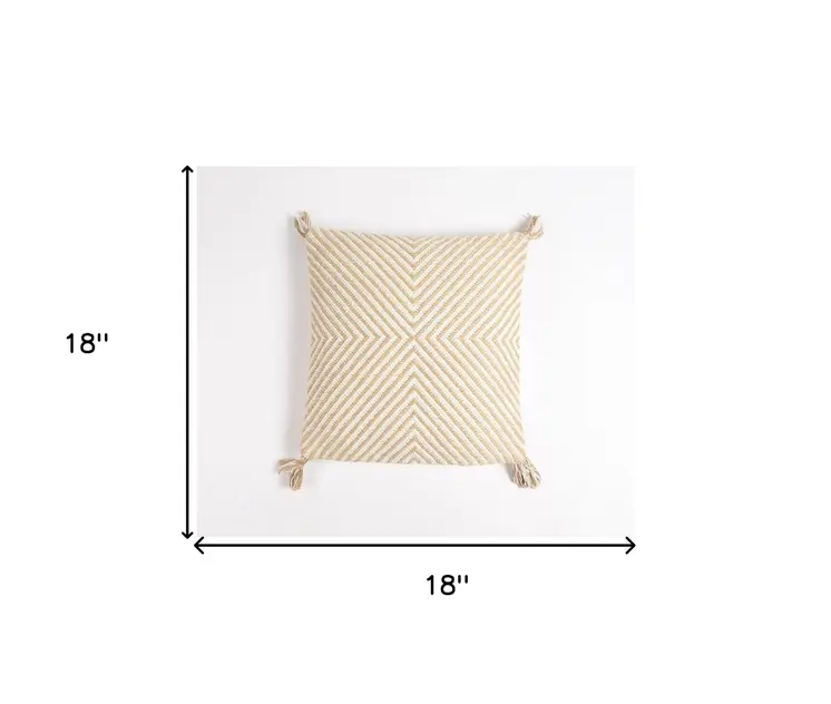 18" Beige and White Geometric Cotton Blend Throw Pillow Cover With Tassels