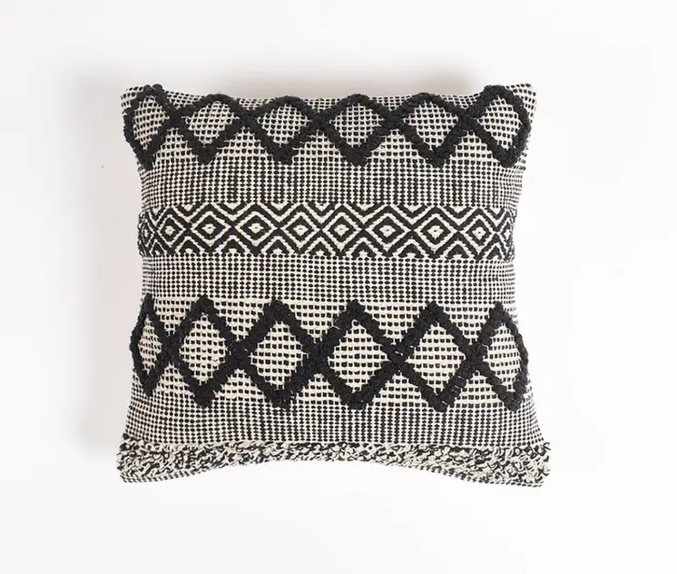 18" Beige and Black Diamond Cotton Blend Throw Pillow Cover