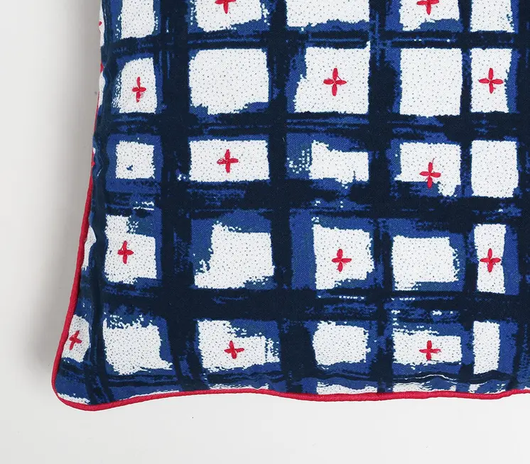 18" Blue and White Abstract Cotton Blend Throw Pillow Cover