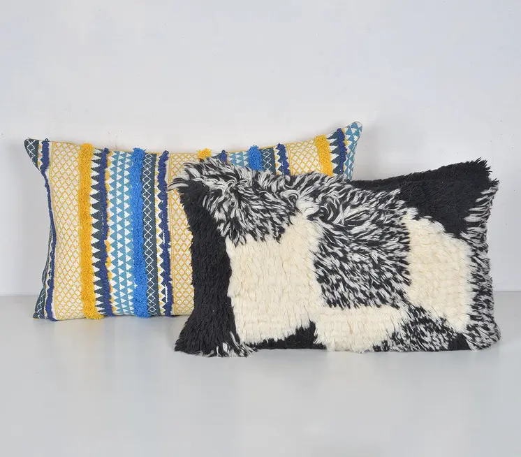 12" X 20" Beige and Black Abstract Cotton Blend Throw Pillow Cover With Shag