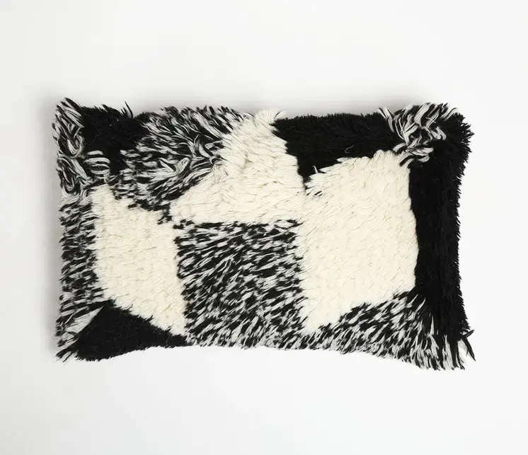 12" X 20" Beige and Black Abstract Cotton Blend Throw Pillow Cover With Shag