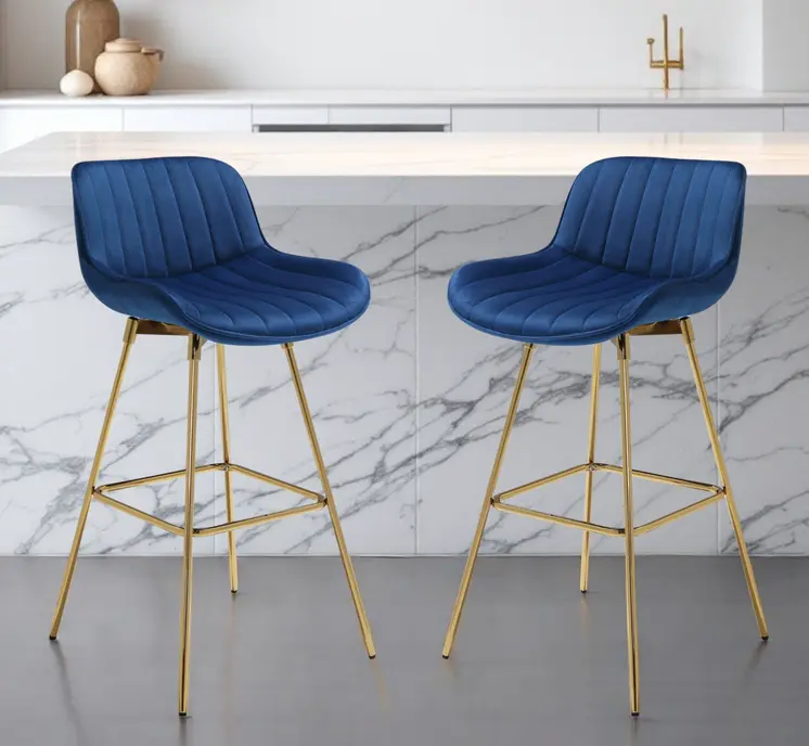 Set of Two 29" Blue and Gold Velvet and Metal Low Back Bar Height Swivel Bar Chairs