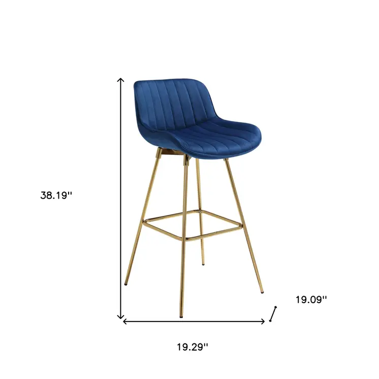 Set of Two 29" Blue and Gold Velvet and Metal Low Back Bar Height Swivel Bar Chairs