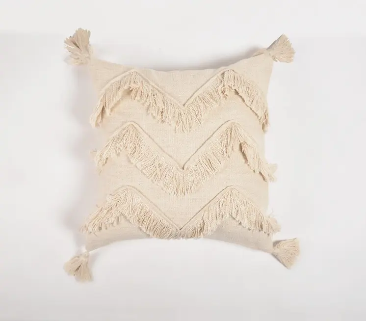 18" Off White Chevron Cotton Throw Pillow Cover With Fringe, Tassels