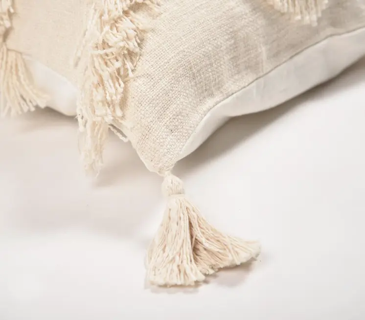 18" Off White Chevron Cotton Throw Pillow Cover With Fringe, Tassels