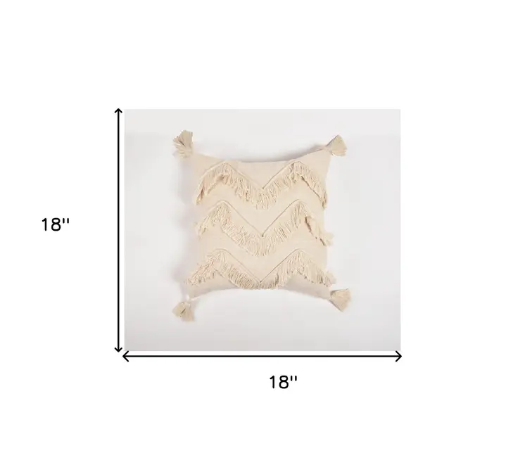 18" Off White Chevron Cotton Throw Pillow Cover With Fringe, Tassels