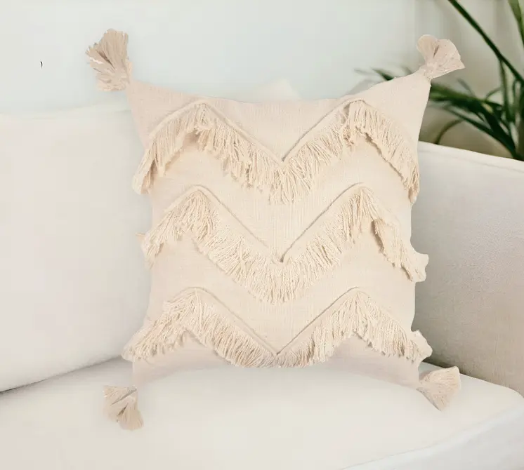 18" Off White Chevron Cotton Throw Pillow Cover With Fringe, Tassels