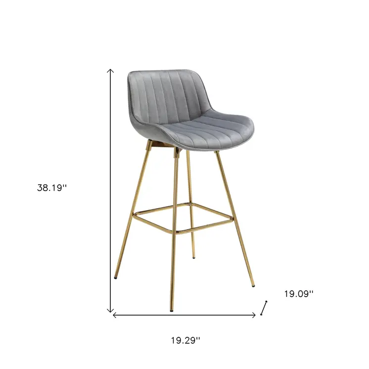 Set of Two 29" Gray and Gold Velvet and Metal Low Back Bar Height Swivel Bar Chairs