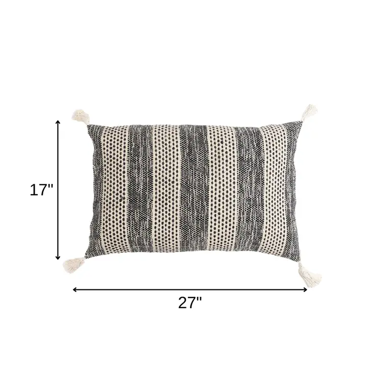 17" X 27" Beige and Black Striped Cotton Throw Pillow Cover With Tassels