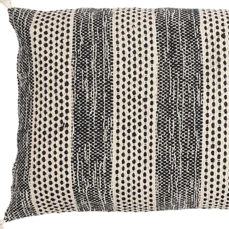 17" X 27" Beige and Black Striped Cotton Throw Pillow Cover With Tassels