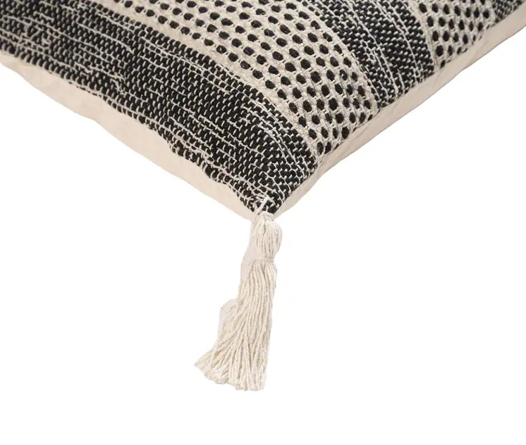 17" X 27" Beige and Black Striped Cotton Throw Pillow Cover With Tassels