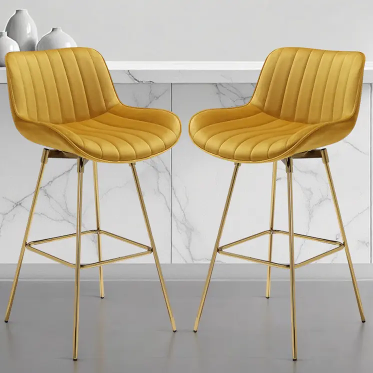 Set of Two 29" Yellow and Gold Velvet and Metal Low Back Bar Height Swivel Bar Chairs