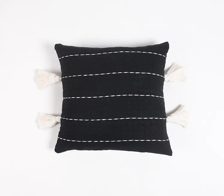 16" Gray and White Striped Cotton Throw Pillow Cover With Embroidery, Tassels
