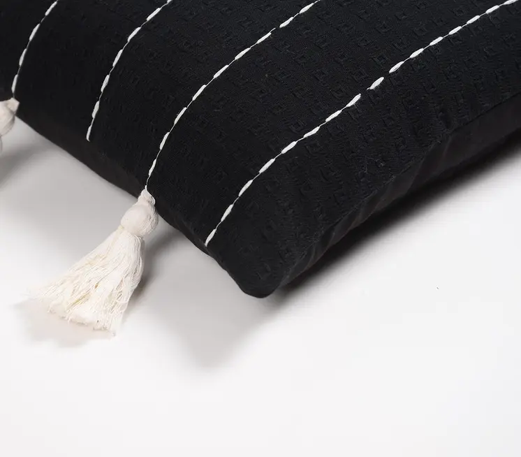 16" Gray and White Striped Cotton Throw Pillow Cover With Embroidery, Tassels