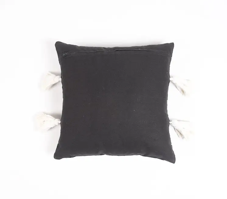 16" Gray and White Striped Cotton Throw Pillow Cover With Embroidery, Tassels