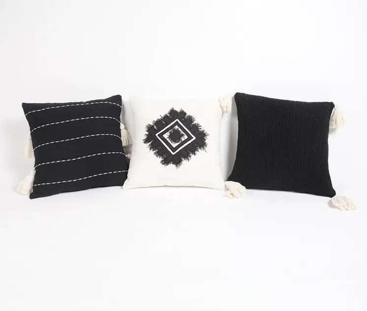 16" Gray and White Striped Cotton Throw Pillow Cover With Embroidery, Tassels